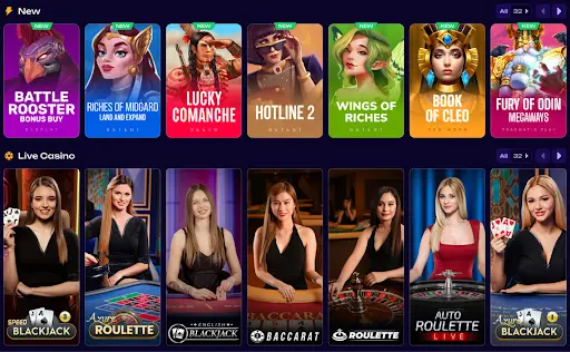 Sección de juegos nuevos y casino en vivo con tragamonedas destacadas y crupieres reales para blackjack, ruleta y baccarat