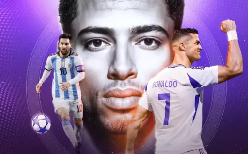 Ilustración deportiva con futbolistas en acción y retrato central estilizado sobre fondo morado, balón de fútbol y ambiente competitivo