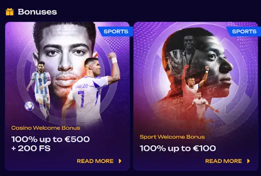 Sección de bonos con ofertas de bienvenida de casino y deportes, futbolistas destacados y promociones del 100% hasta €500 y €100 sobre fondo morado