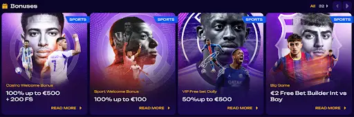 Sección de bonos deportivos con varias tarjetas promocionales, ofertas de bienvenida, apuestas gratuitas y eventos Big Game sobre fondo morado con futbolistas