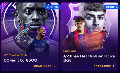 Tarjetas de promociones deportivas con apuesta gratis VIP diaria del 50% hasta €500 y oferta Big Game de €2 Free Bet Builder para un partido internacional