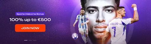 Banner de bono de bienvenida deportivo con oferta del 100% hasta €500, botón Join Now y futbolistas destacados sobre fondo morado